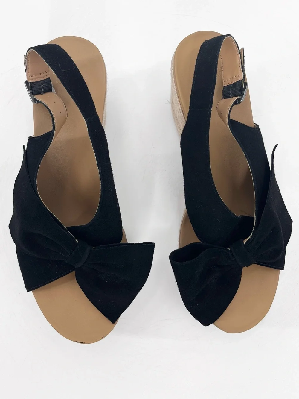 UGG Camilla Black Suede Bow Wedge Espadrille Slingback Sandals Size 8.5